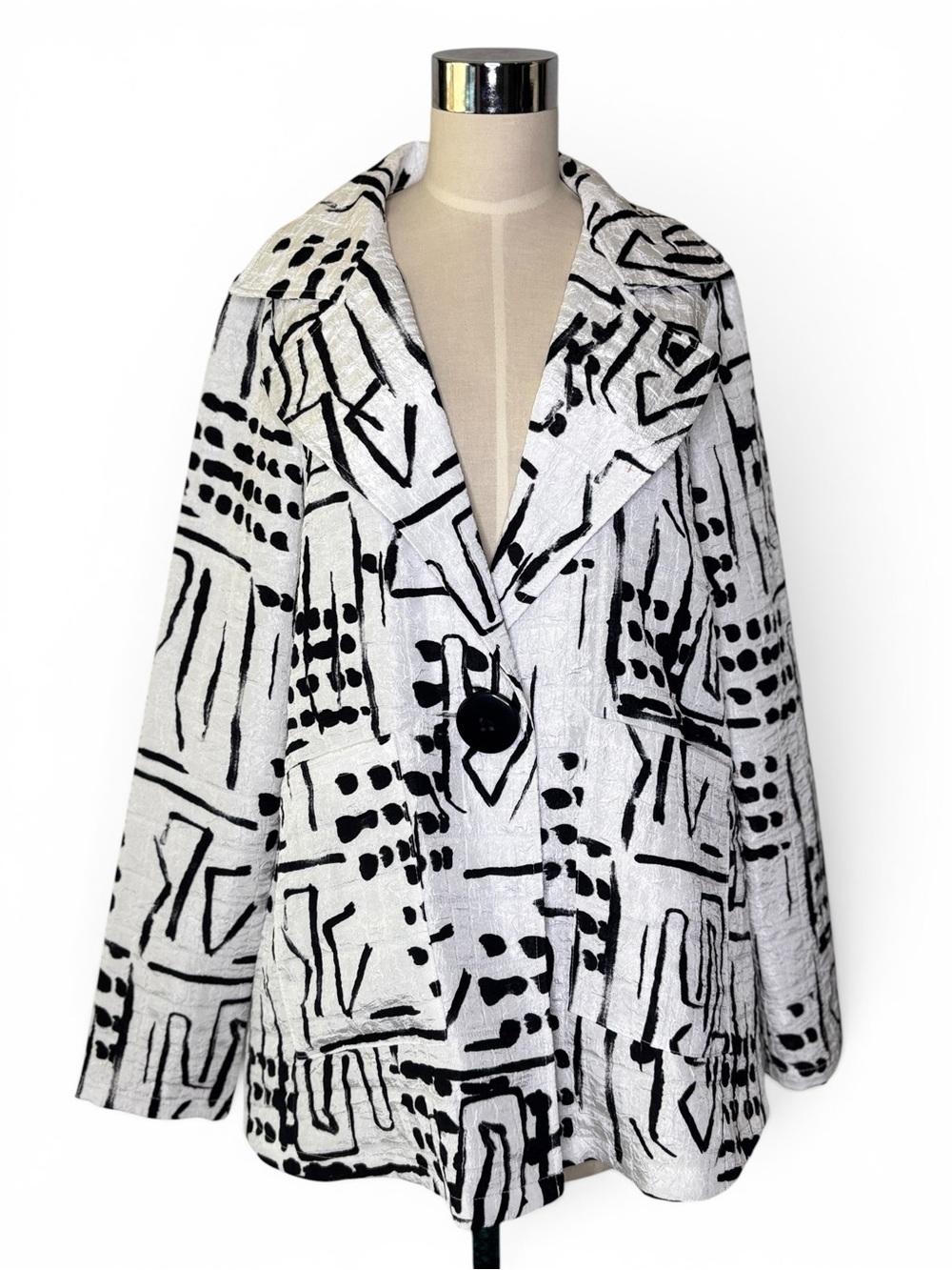 Joseph Ribkoff Black and White Graphic Abstract Geometric Coat with Button